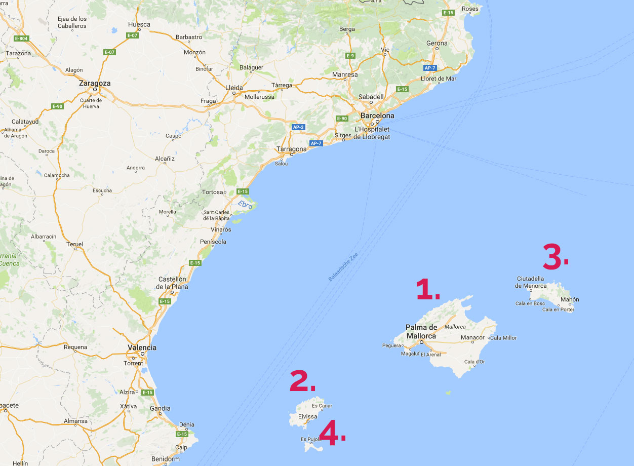 Kaart van de Balearen met Mallorca, Ibiza, Menorca en Formentera